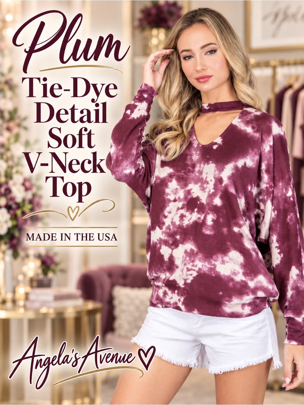 Plum Tie Dye Detail Soft V-Neck Top NEW